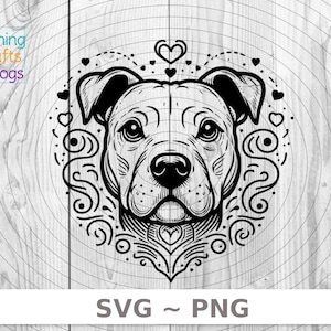 May include: Black and white line art of a dog's face, surrounded by decorative swirls and hearts. The image includes the text "SVG ~ PNG" at the bottom. The logo "Raining Crafts & Dogs" is in the upper left corner.