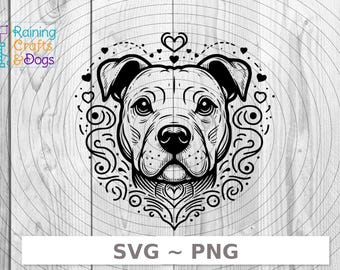 Cara de perro pitbull con corazones y remolinos (svg png) Descarga digital
