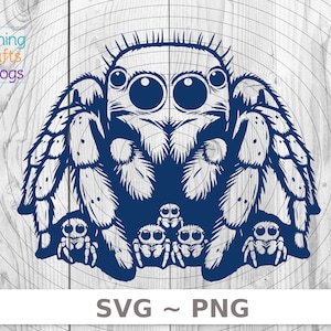 May include: A blue silhouette of a large jumping spider with four smaller jumping spiders underneath. The large spider has large eyes and hairy legs. The smaller spiders are also hairy and have large eyes.