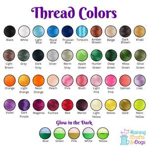 May include: A color chart titled Thread Colors displaying forty circular swatches of various thread colors with labels including Black, White, Blue, Green, Pink, and Yellow, plus a Glow in the Dark section with five additional color options.