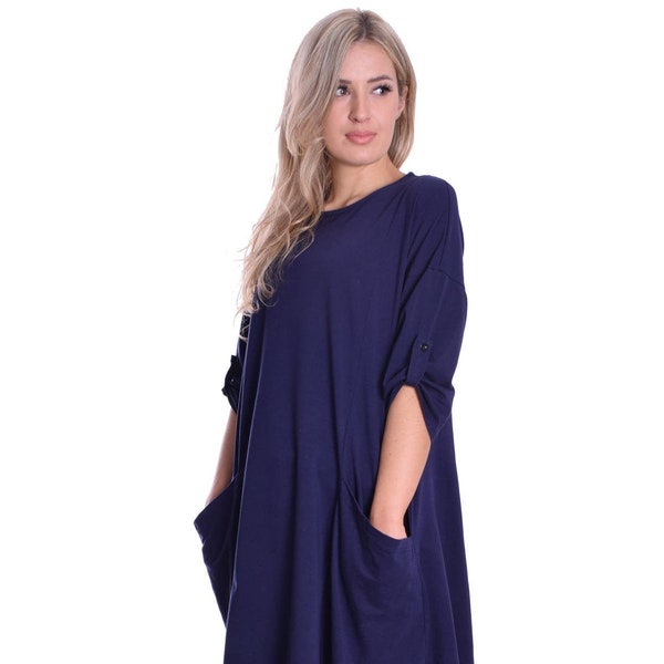 Robe Tunique Femme Avec Poches Pull Up Sleeve Bleu Marine Coupe Ample