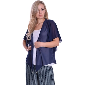 Sheer Chiffon Cardigan Blouse Jacket Bell Sleeves Navy Blue With Pearls