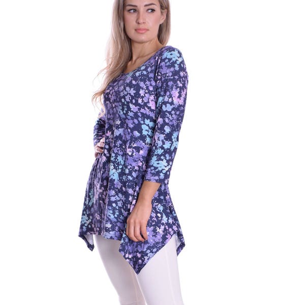 Spring Tunic Floral Purple Pink Turquoise Handkerchief Style Soft Stretchy