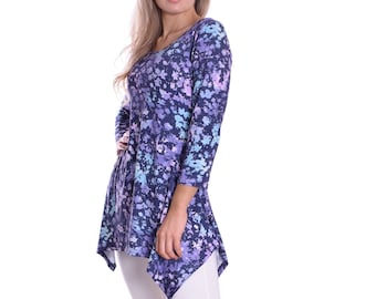 Spring Tunic Floral Purple Pink Turquoise Handkerchief Style Soft Stretchy