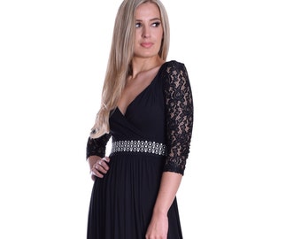 Long Black Party Dress Jersey Lace Sleeve Empire Style UK 10