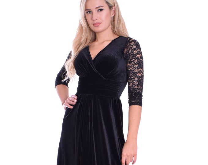 Long Black Velvet Lace Dress Empire Style UK 16/18 Etsy UK
