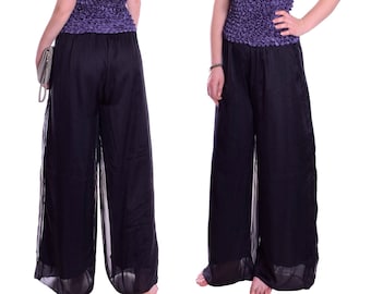 Lounge Wear Black Chiffon Pull On Trousers Super Comfy Jersey Lined