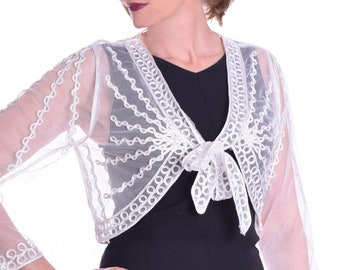 Dentelle Tulle Bolero Shrug Cover Up Antique White With Silver Lurex Long Sleeve And Ties