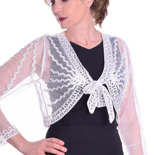 Lace Tulle Bolero Shrug Cover Up Antique White With Silver Lurex Long Sleeve And Ties
