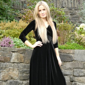 Long Black Dress for Winter Wedding Concert Stretch Velvet Empire Style