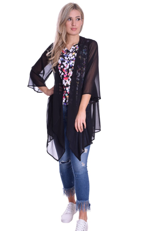 Elegant Sheer Chiffon Cardigan Navy Blue With Pearls Open Loose Fit UK 12/14 