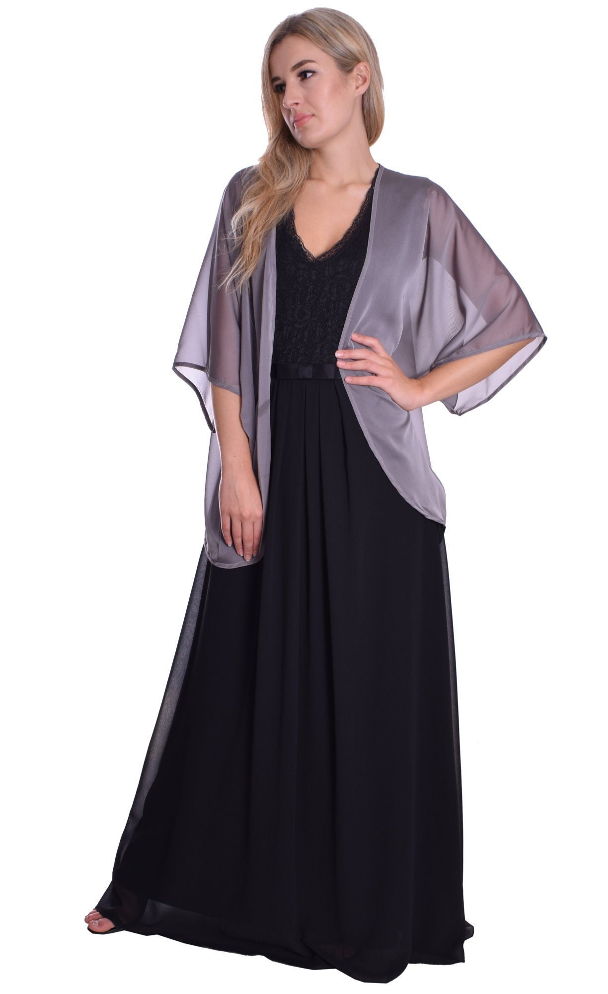 Image of Elegant Sheer Kimono Style Cardigan Chiffon Silver Grey For Wedding Party