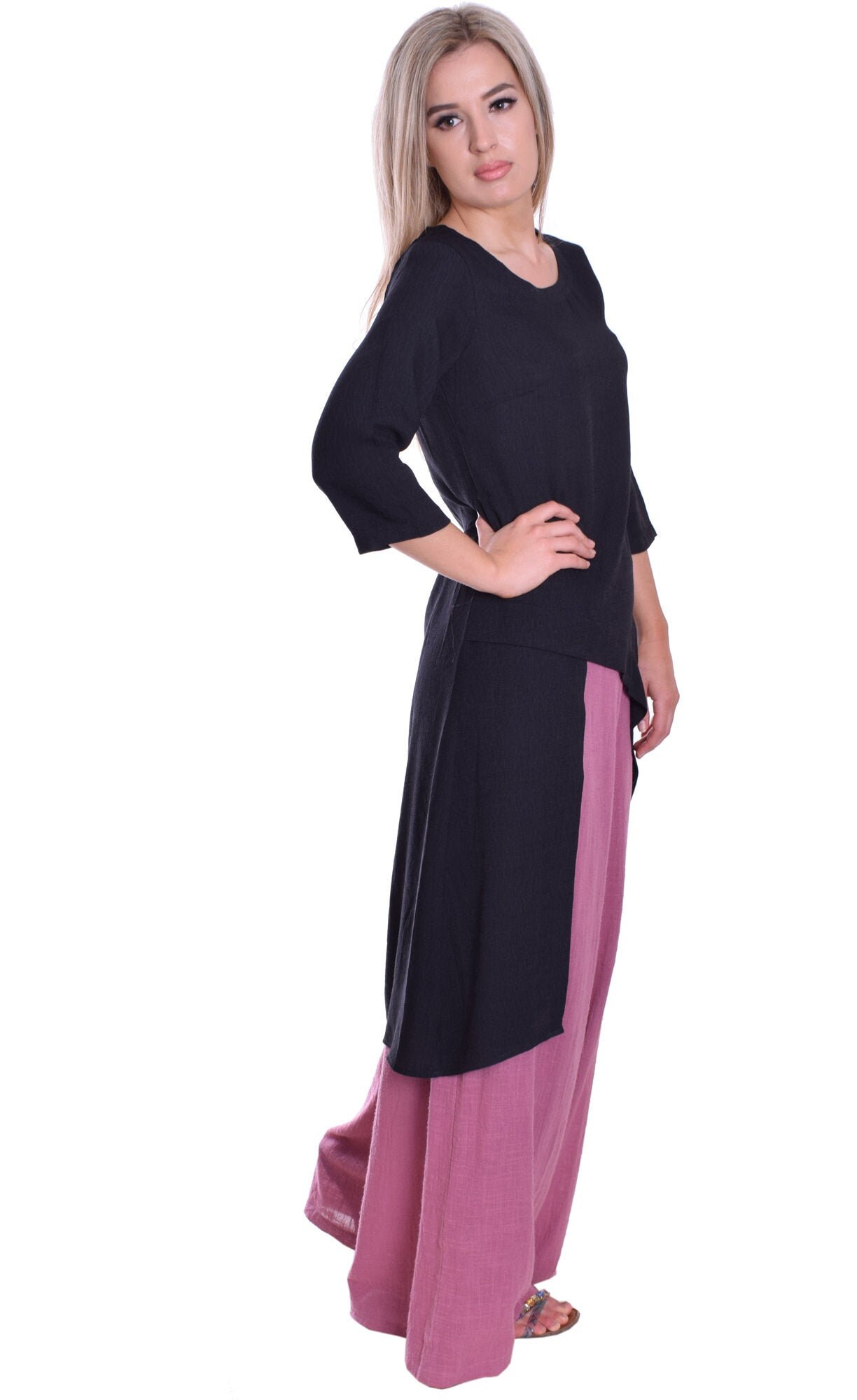 Image of Black Maxi Tunic Top Asymmetric Light Elegant With Palazzos Or Leggings