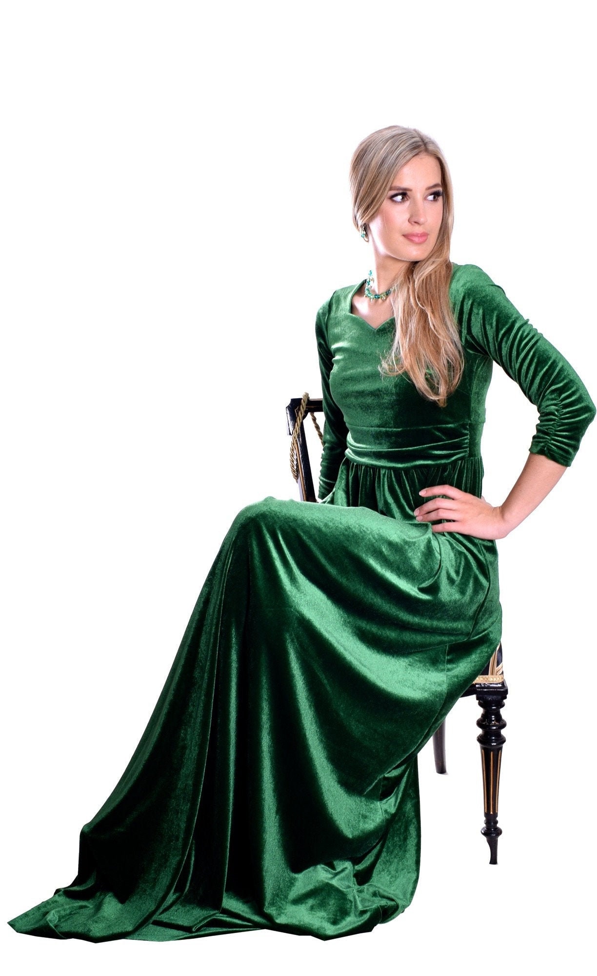 Emerald Green Velvet Dress Sweetheart Neckline Extra Long Open Etsy UK