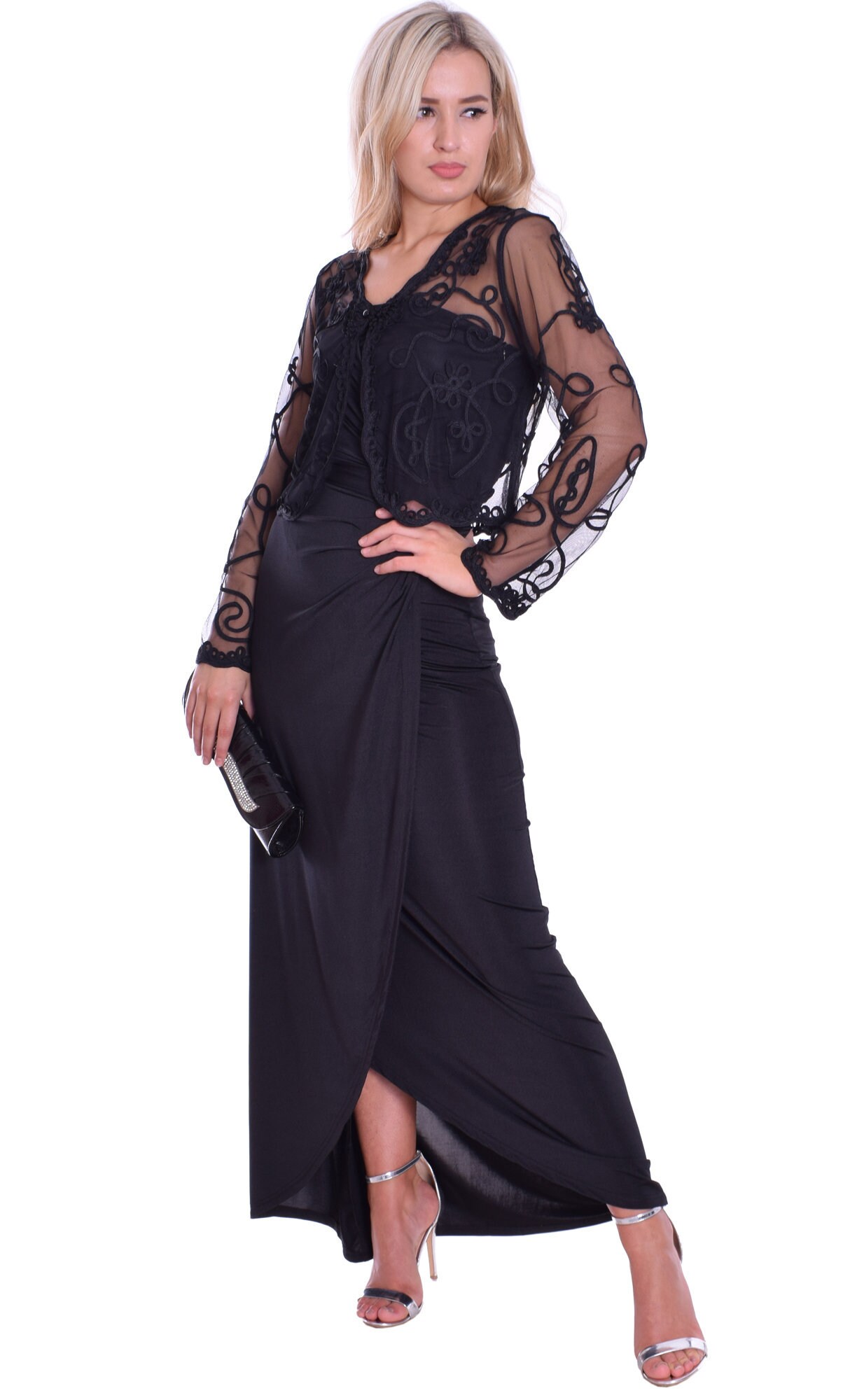 Image of Black Lace Tulle Bolero Cardigan Long Sleeve For Evening Dress Wedding Uk
