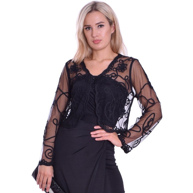 Elegant Cardigan Cropped Bolero Black Lace Long Sleeve For Evening Dress Wedding UK 10