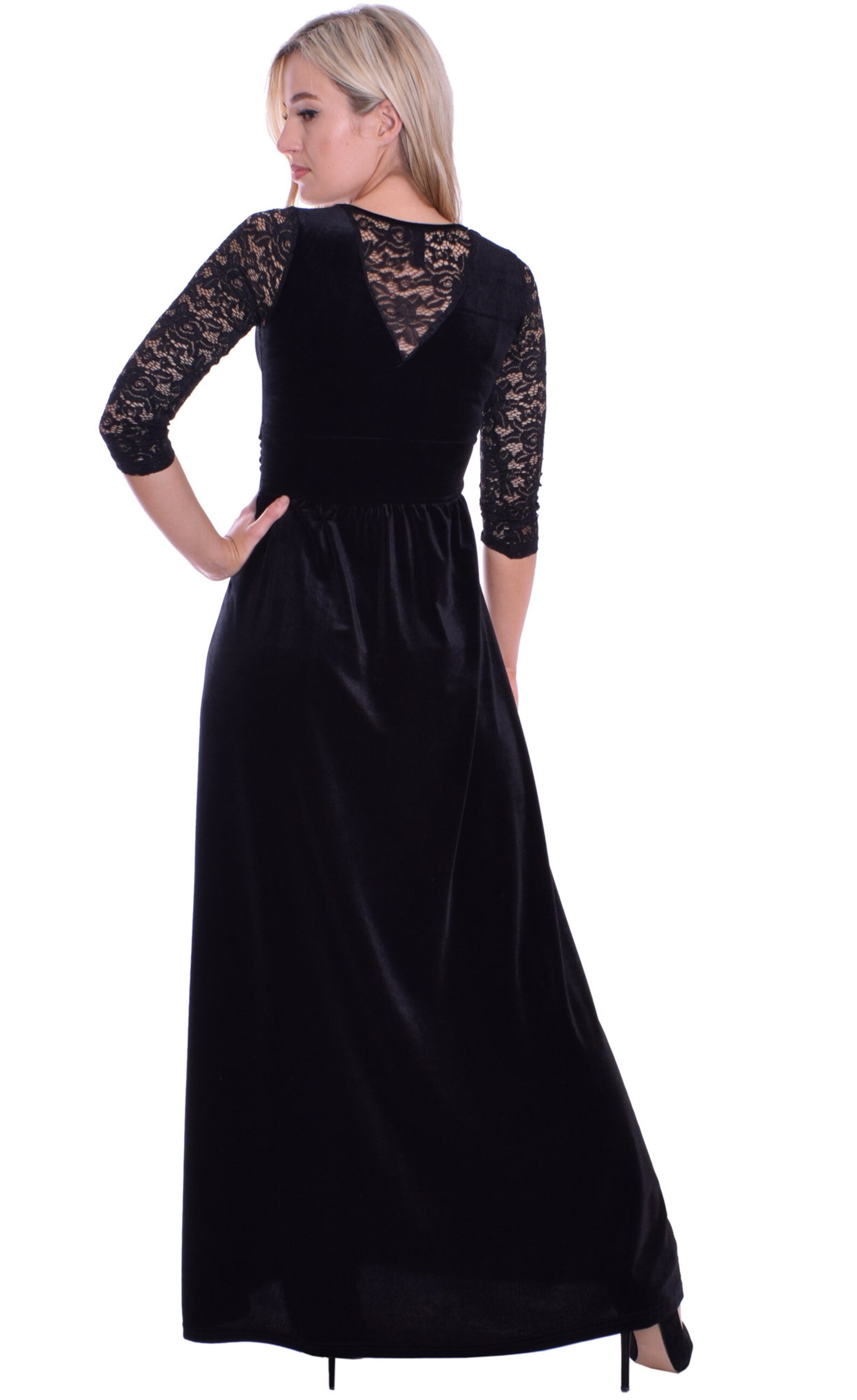 Long Black Velvet Lace Dress Empire Style UK 16/18 Etsy UK