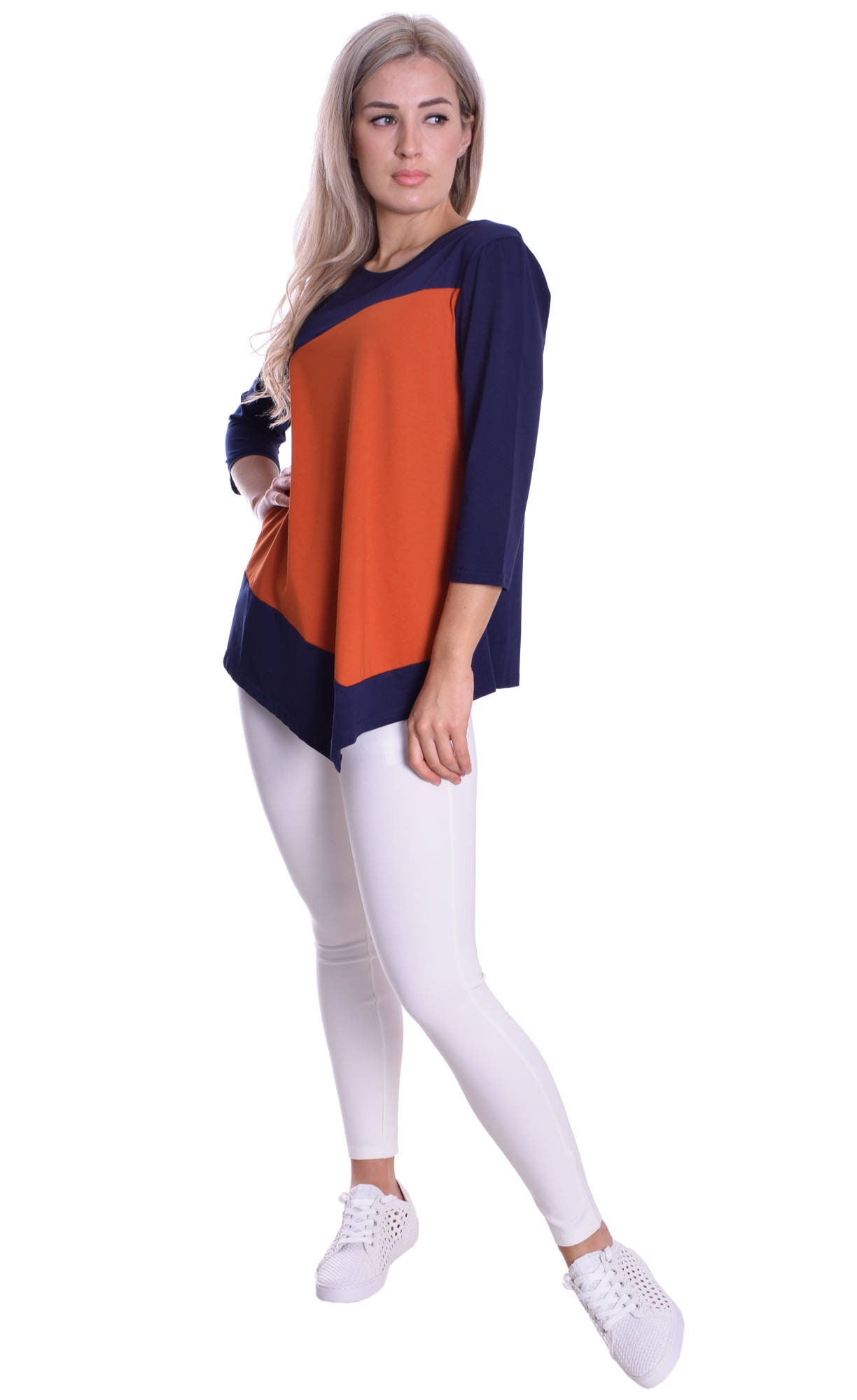Image of Navy Blue Orange Colour Block Style Top Tunic / Sleeve Fresh Sporty Elegant