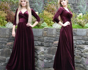 Langes Kleid für Winter-Hochzeit Konzert Rubin Samt Stretchy Empire-Stil