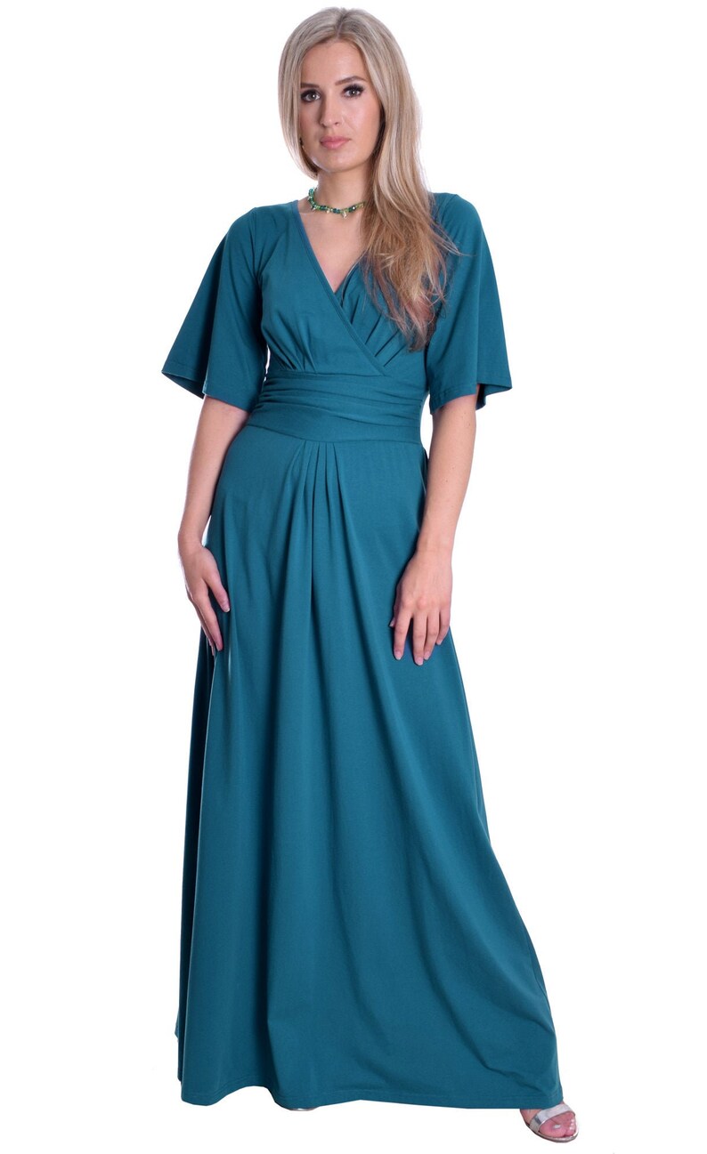 Long Dress Empire Style Fluted Sleeve Soft Cotton Teal Blue UK Etsy