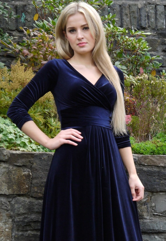 Ladies Long Winter Wedding Dress Navy Blue Empire Style Etsy
