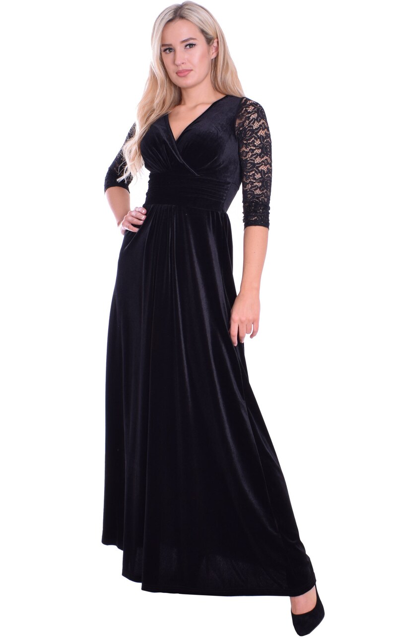 Long Black Velvet Lace Dress Empire Style UK 16/18 Etsy UK