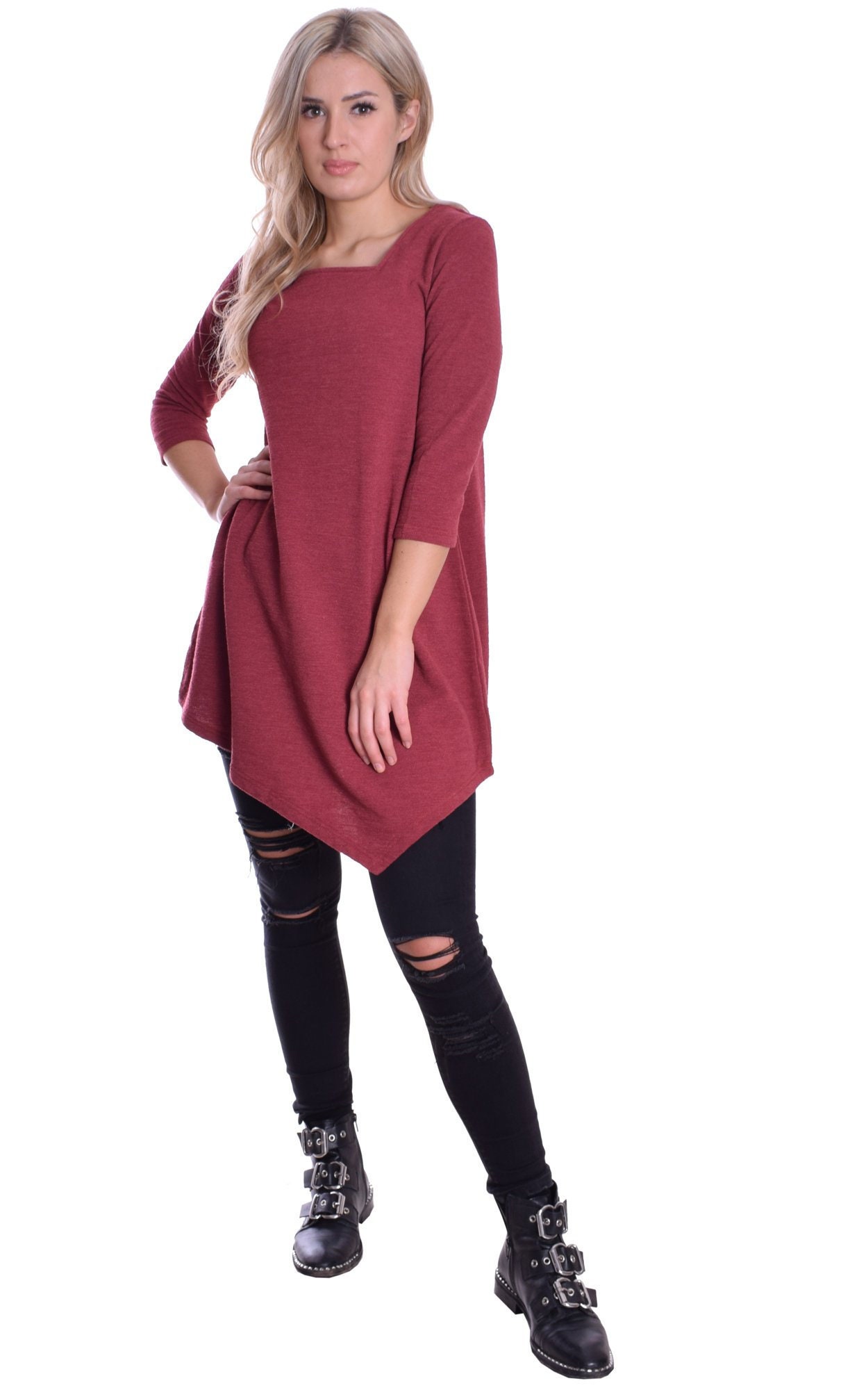 Image of Long Tunic Top Burgundy Square Neckline Great For Autumn