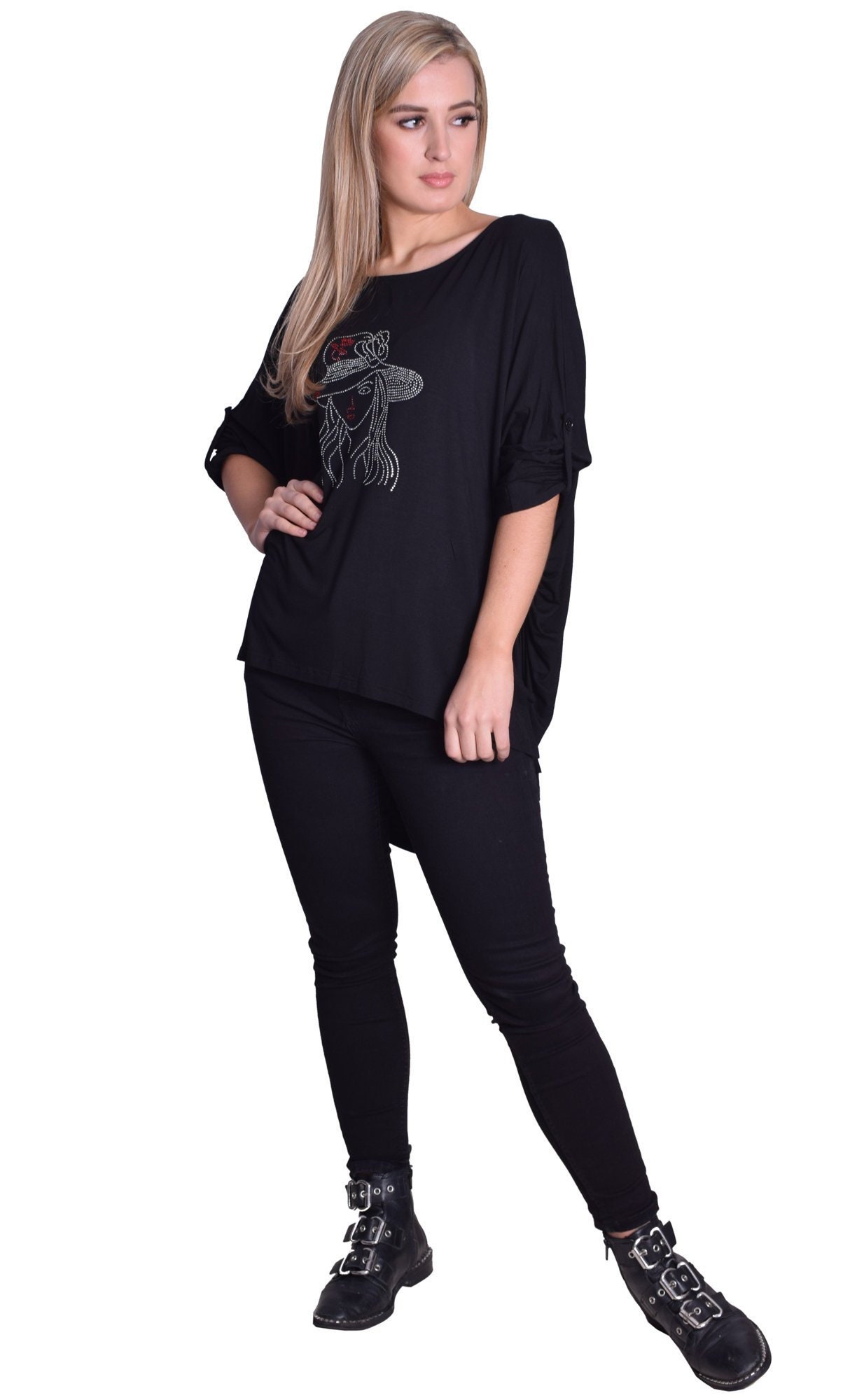 Image of Black Jersey Tunic Top Hi Low Style Rhinestone Motiv Wide Loose Comfy Fit