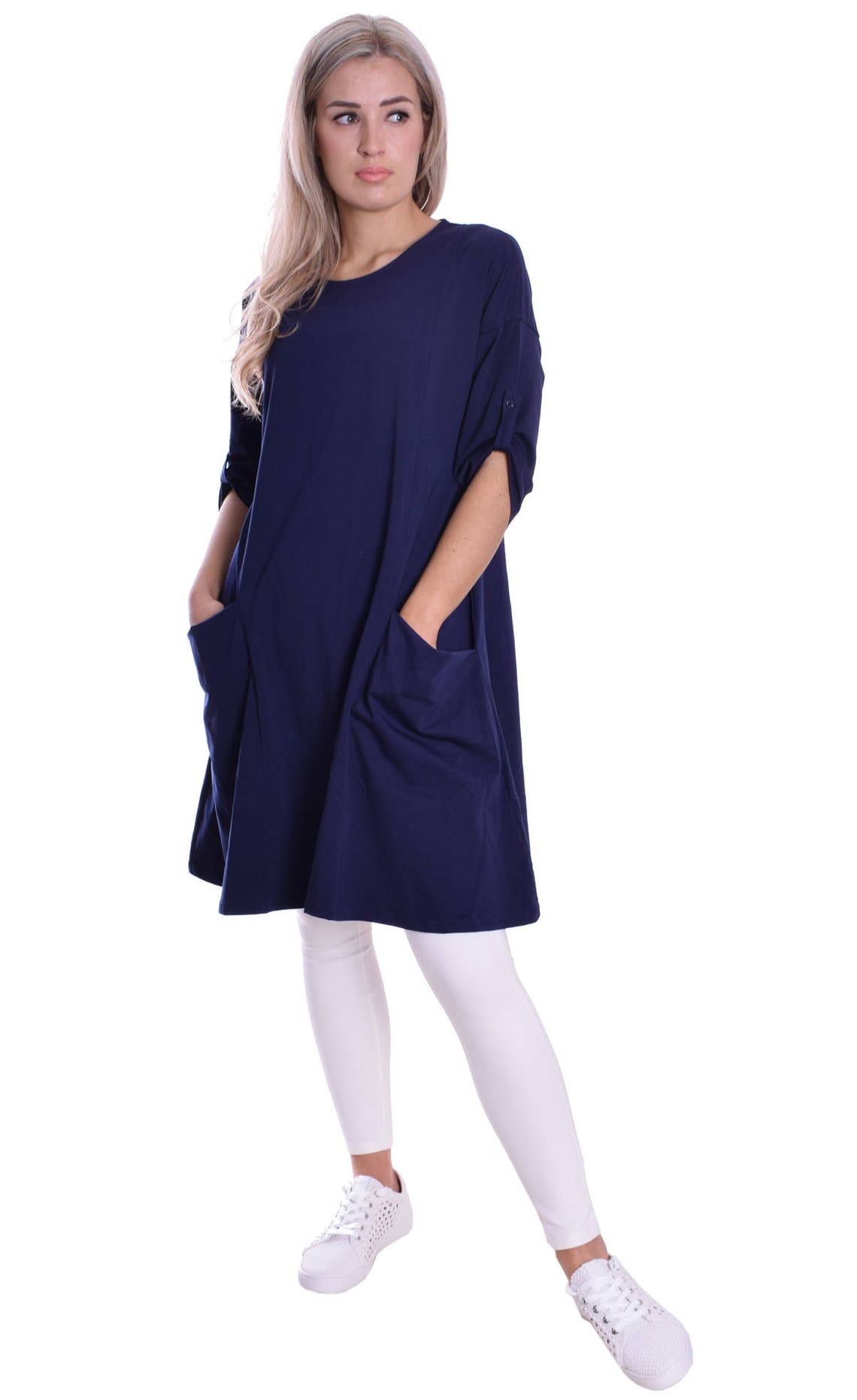 Ladies Tunic Dress With Pockets Pull up Sleeve Navy Blue Loose Etsy UK
