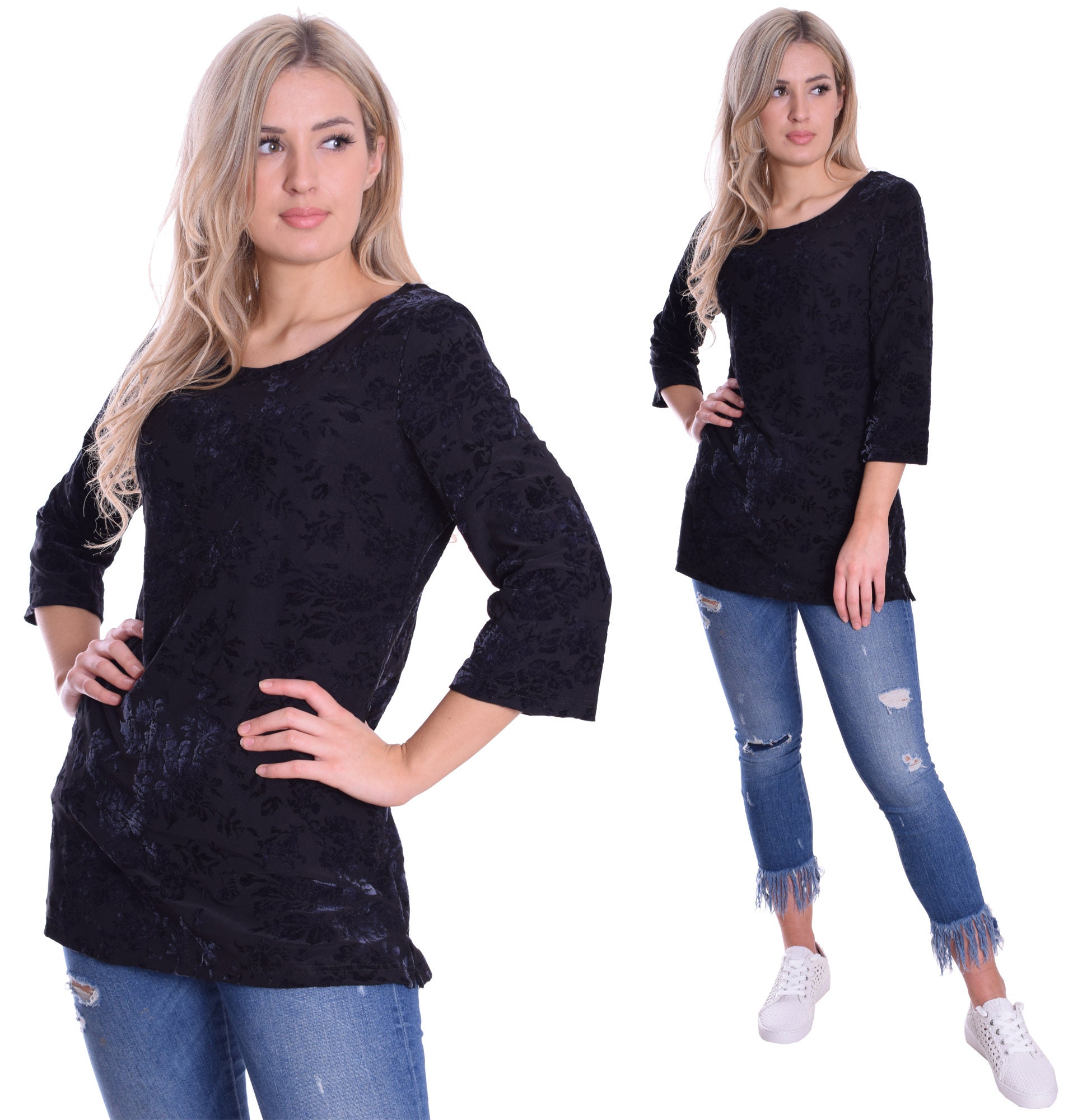 Image of Elegant Tunic Top Black With Grey Velvet