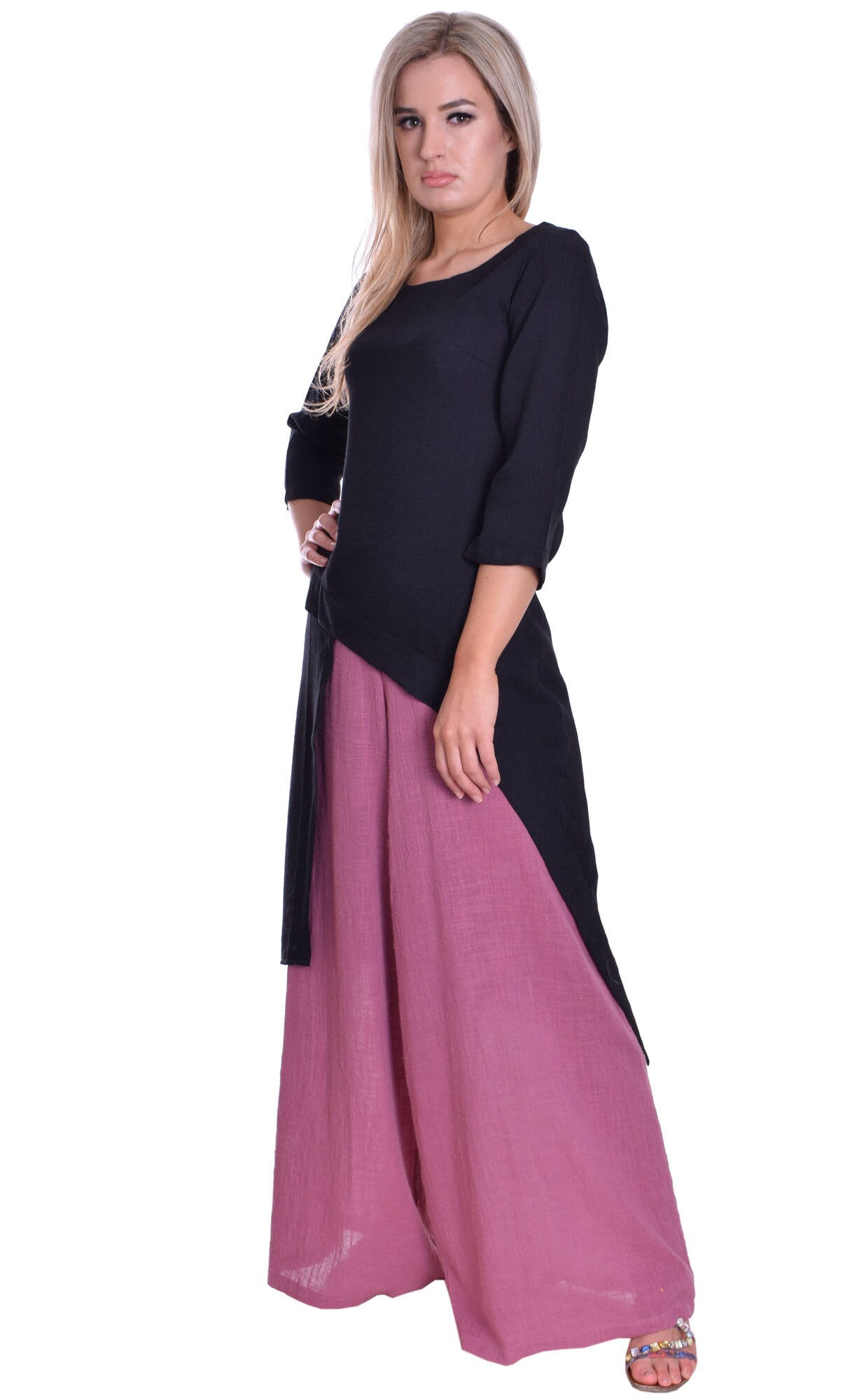 Image of Wide Leg Palazzo Trousers Pants Light Coarse Cotton Elasticated Very Comfy Pink