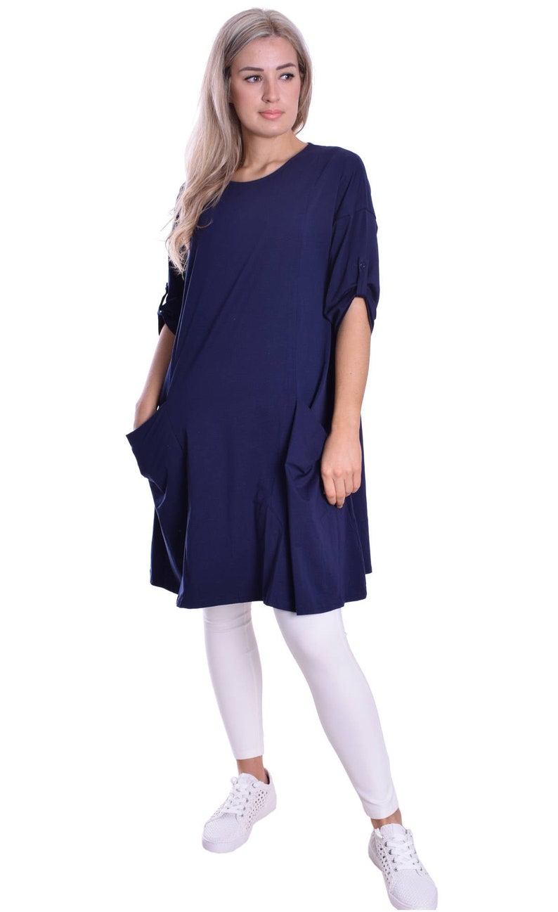Ladies Tunic Dress With Pockets Pull up Sleeve Navy Blue Loose Etsy UK