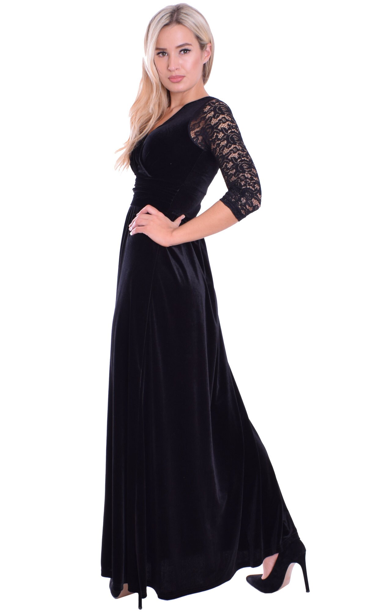 Black Velvet Lace Dress Full Length for Winter Wedding Empire Etsy