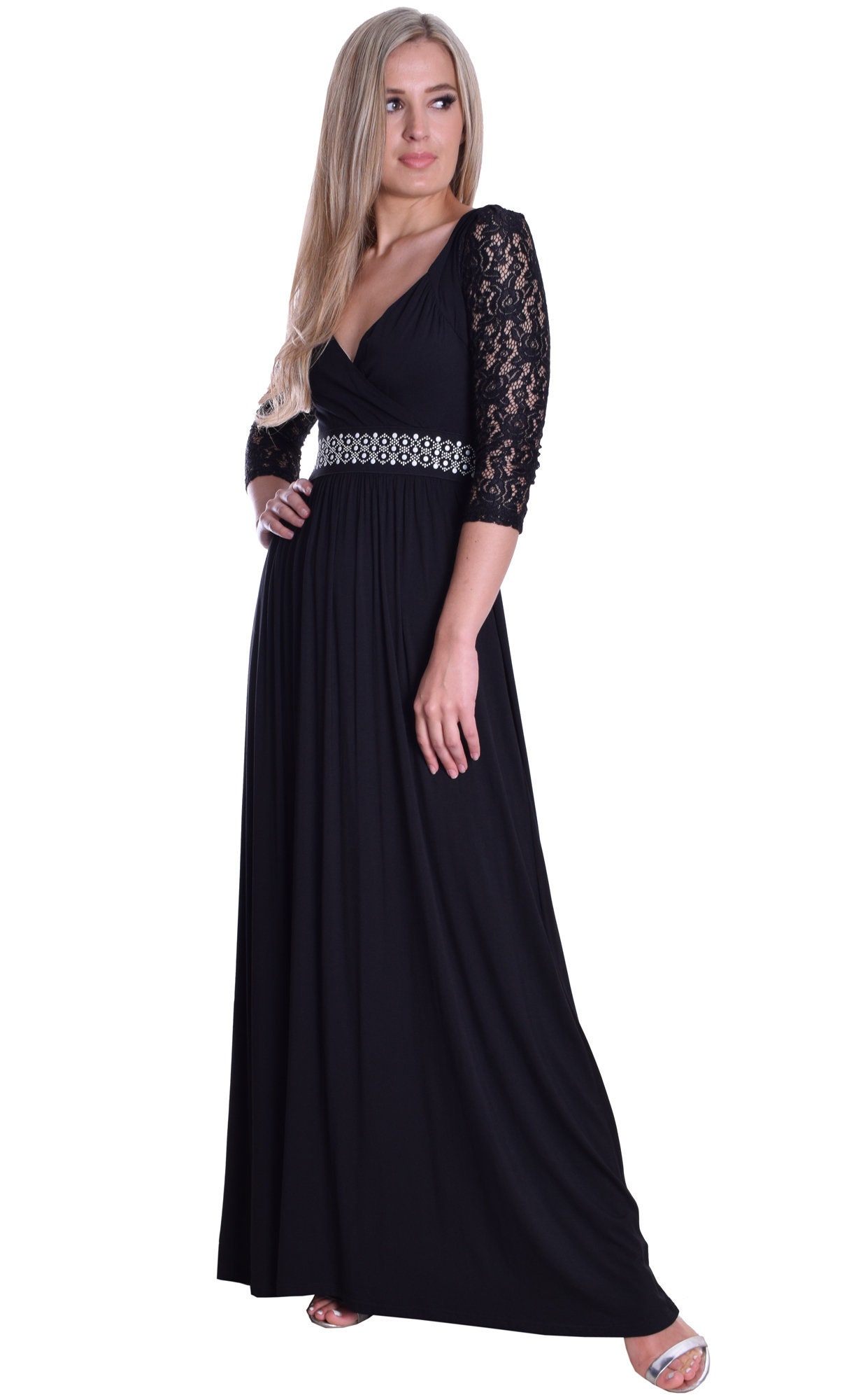 Image of Long Black Party Dress Jersey Lace Sleeve Empire Style Uk