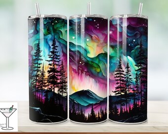20 oz Skinny Tumbler, Northern Lights Over Forest
