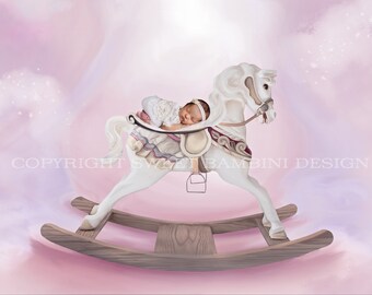 Rocking Horse Newborn Digital Backdrop on candy pink/lilac/white background