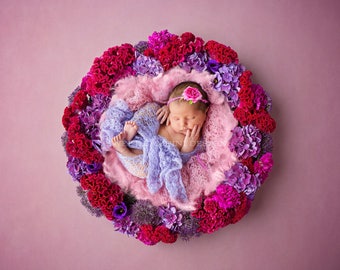 Newborn Digital Backdrop - Beautiful Fresh Flower Nest in shades of pink and purple