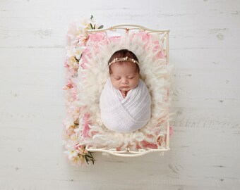 Newborn Photography Digital Backdrop for girls -  Little Pink Bed with White Fluff & Rododhendrons, Shot from Above