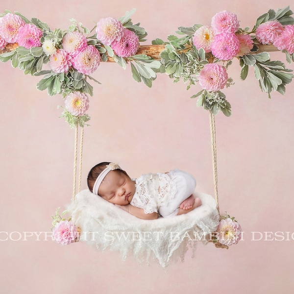 Sfondo digitale neonato - Pink Dahlia Swing - Download istantaneo, Swing digitale floreale decorato con fiori freschi