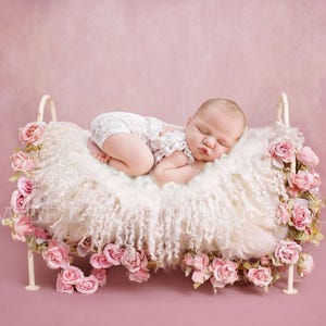 Puede incluir: Un bebé durmiendo con un atuendo de encaje blanco yace en una cama blanca y esponjosa con flores rosas alrededor de los bordes. La cama está sobre un fondo rosa.