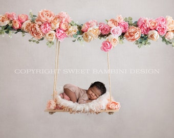 Floral swing Newborn Digital Backdrop decorated with pink and peach flowers - Peaches 'n' Pinks