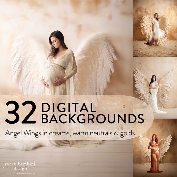 32 Angel Wings Digital Backgrounds - Maternity digitals, Angel Wings in neutral warm tones, creams & gold, Maternity Backdrop Overlays, AI