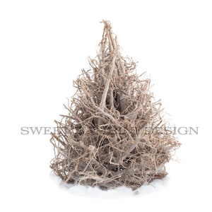 Może przedstawiać: Suche, brązowe drzewko bożonarodzeniowe z gałęziami przypominającymi gałązki, z białą podstawą, przypominające naturalną, rustykalną ozdobę świąteczną.