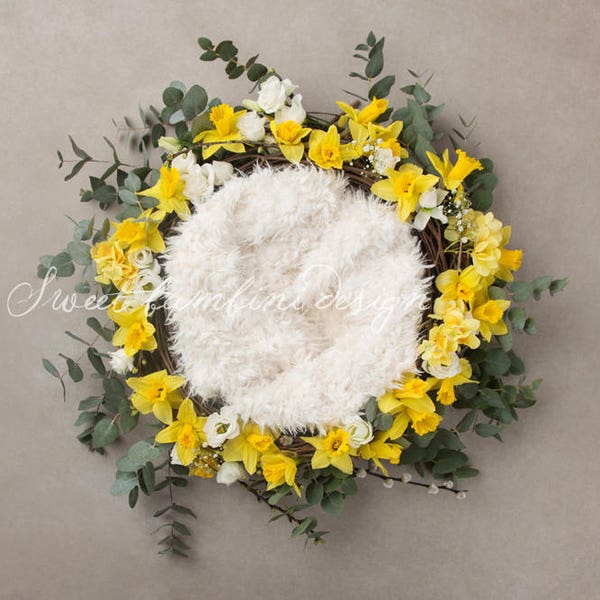 Newborn Digital Background -  Spring/Easter Nest - Fresh Daffodils - White