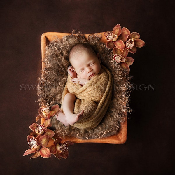 Newborn Photography Digital Backdrop - Wooden Bowl with Golden Orchids