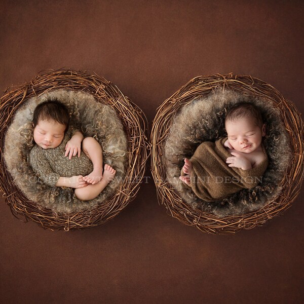 Newborn Photography Digital Backdrop for twins - natural wicker nests with neutral fluff on a rich brown background