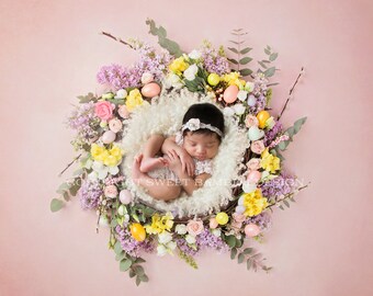 Newborn Digital Backdrop - Floral Easter Nest with Little Eggs