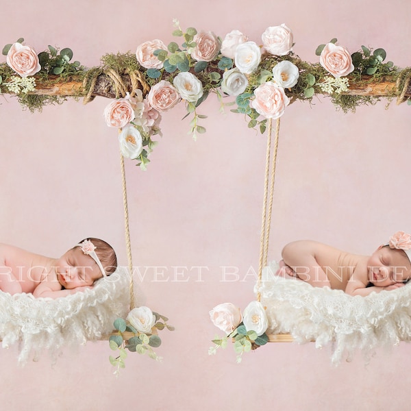 Twin Newborn Digital Backdrop - Wooden floral swings decorated with roses, moss & eucalyptus