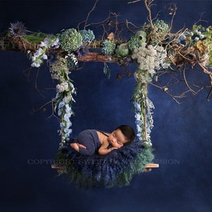 Newborn Digital Backdrop - Navy digital swing background, Fresh floral swing , Instant Download, Ready for you to Edit