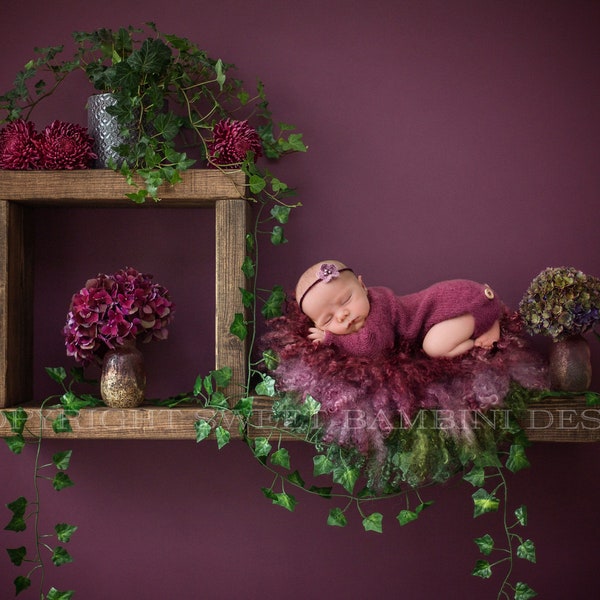 Newborn Digital Backdrop - Rustikale Holzregale mit frischen Hortensien und Efeu, Regal digital